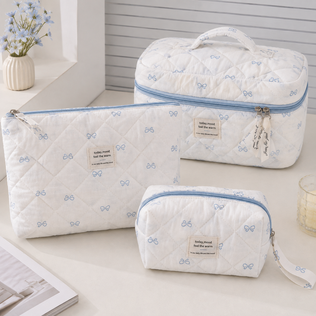 Blue Bow Quilted Cosmetic Bag
