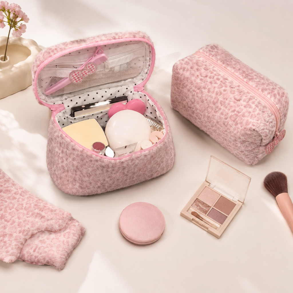 Pink Leopard Faux Fur Cosmetic Case